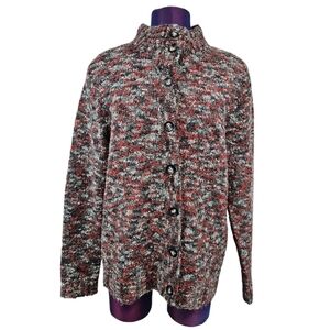 Woolrich Gray & Burgundy Marled Chunky Knit Cardigan Sweater Size Medium P29